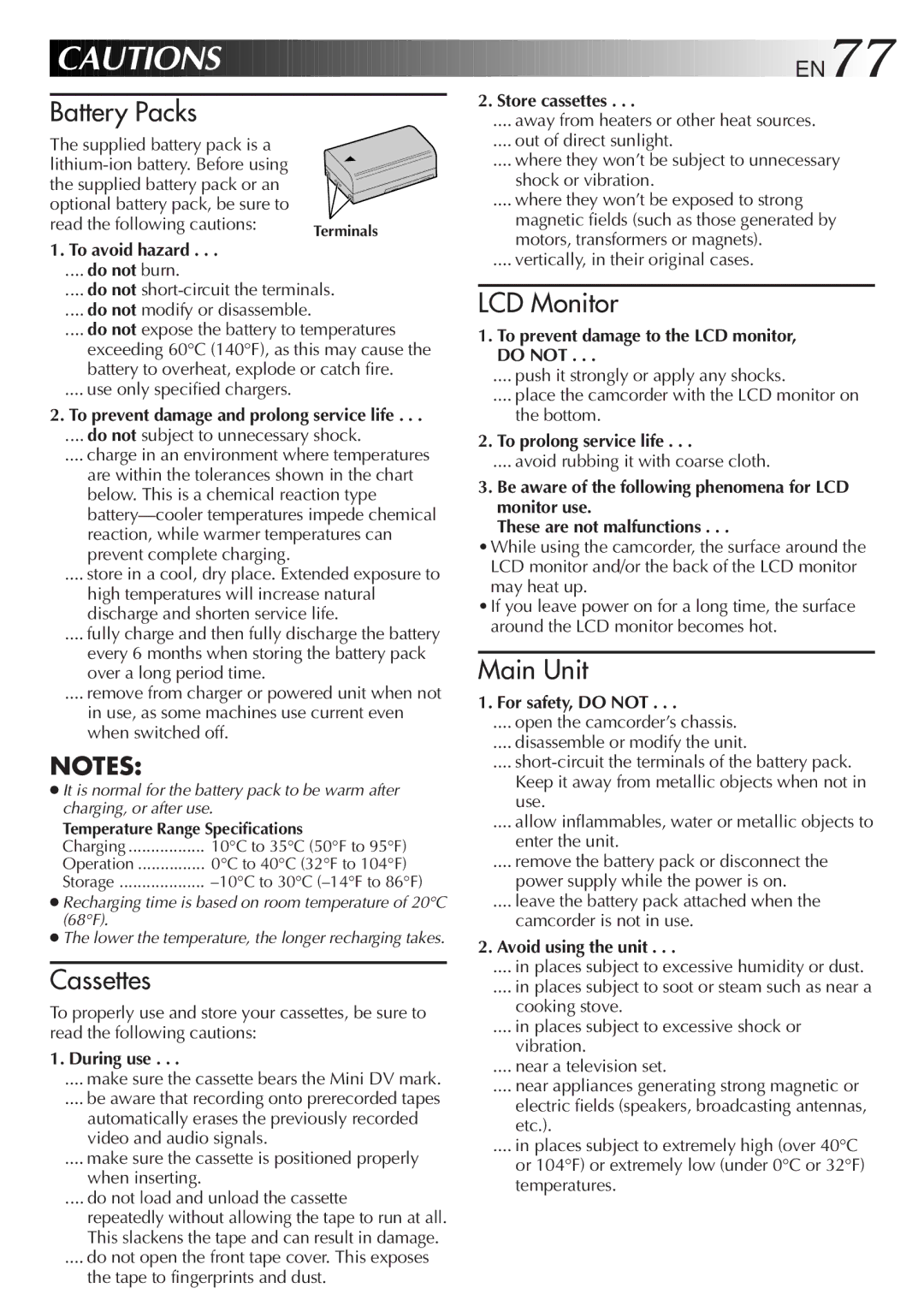 JVC GR-DVL9600 specifications To avoid hazard, During use, Store cassettes, To prevent damage to the LCD monitor, do not 