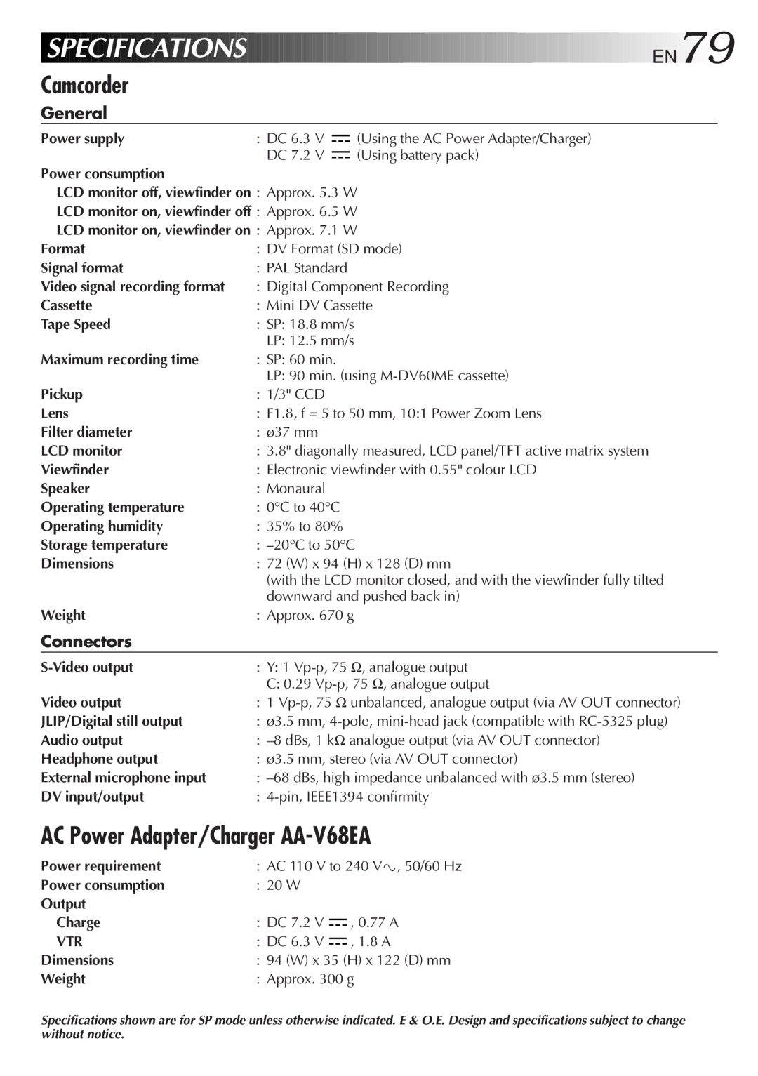 JVC GR-DVL9600 specifications Camcorder, AC Power Adapter/Charger AA-V68EA, General, Connectors 