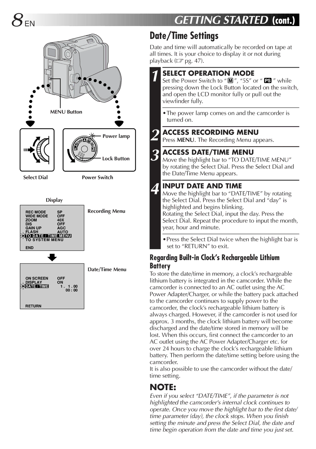 JVC GR-DVL9600 specifications Getting Started, Date/Time Settings, Battery 