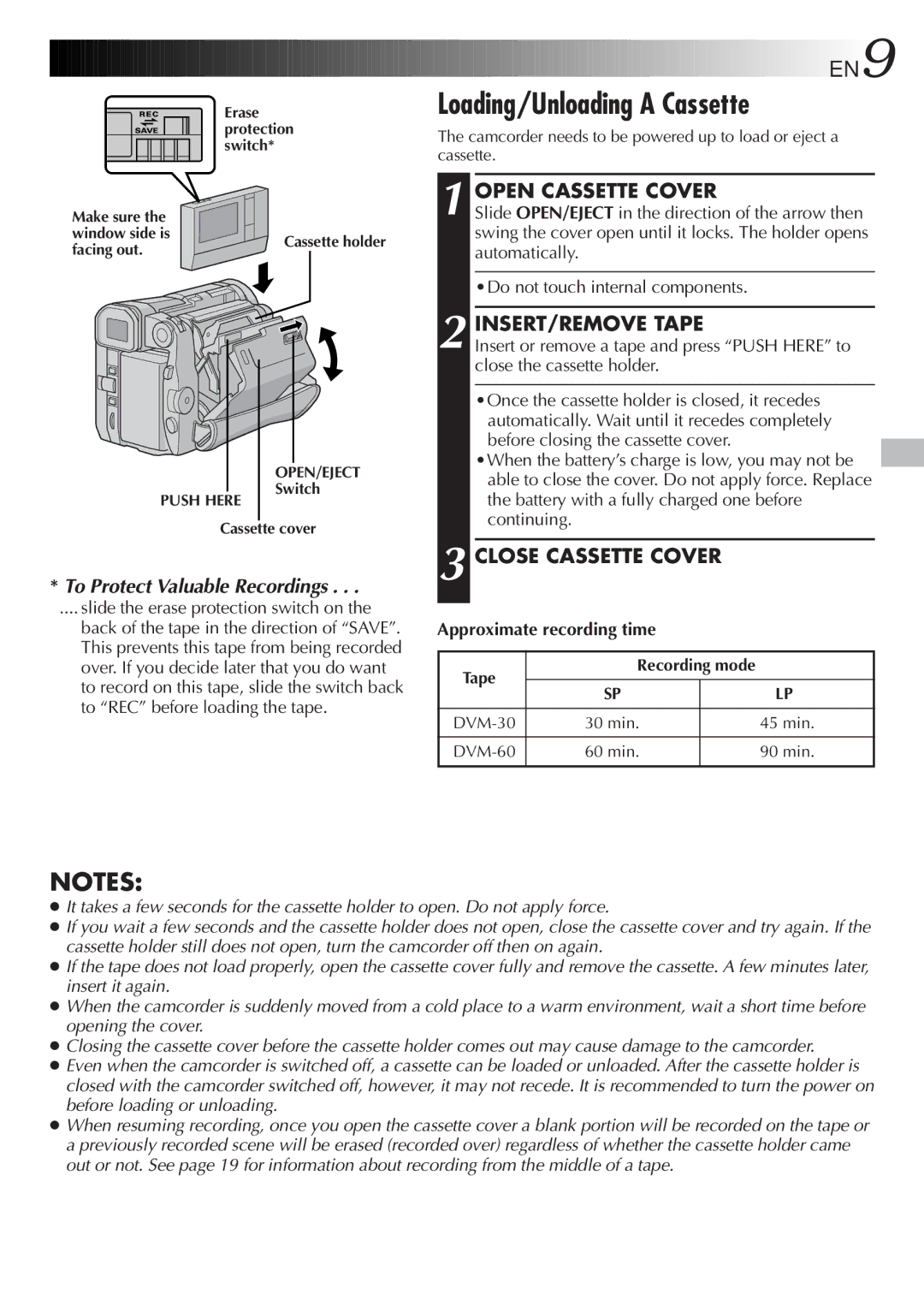 JVC GR-DVL9600 specifications Loading/Unloading a Cassette, Open Cassette Cover, INSERT/REMOVE Tape, Close Cassette Cover 