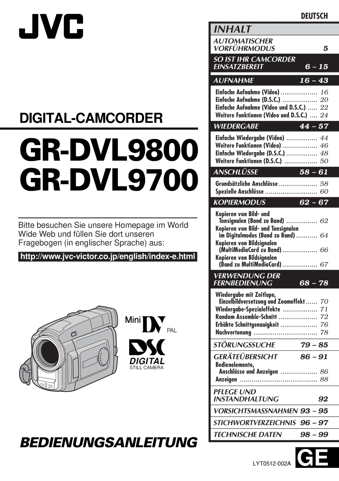 JVC GR-DVL9700 manual Deutsch, Kopieren von Bild- und, Wiedergabe mit Zeitlupe, Bedienelemente 