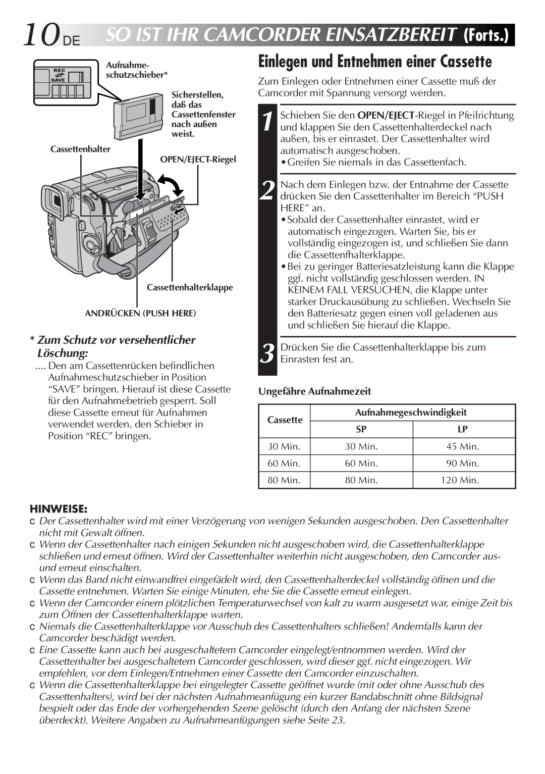 JVC GR-DVL9700 manual 10 DE, Zum Schutz vor versehentlicher Löschung 