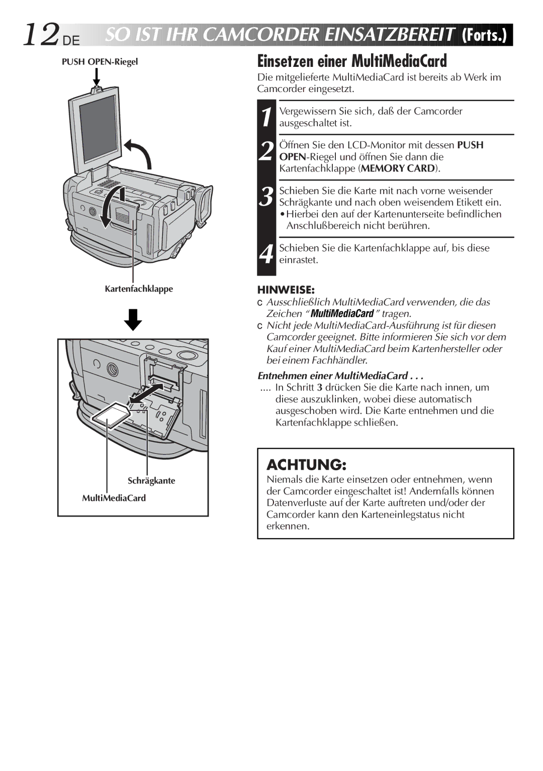 JVC GR-DVL9700 manual 12 DE, Einsetzen einer MultiMediaCard, Entnehmen einer MultiMediaCard 