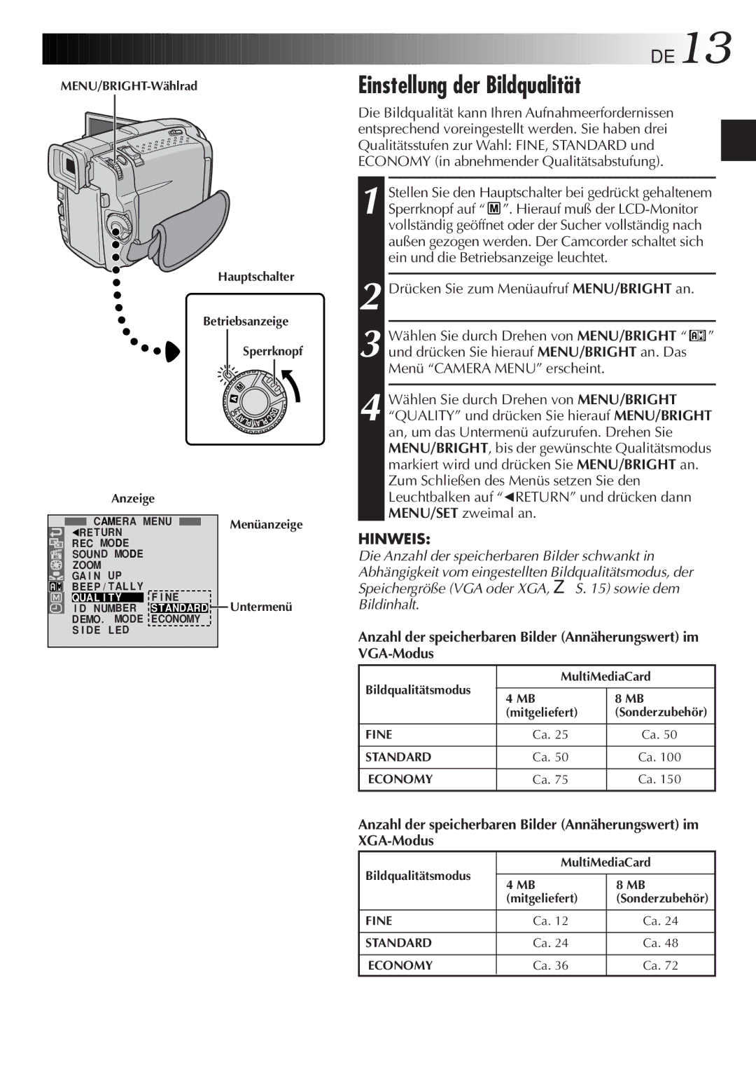 JVC GR-DVL9700 manual Einstellung der Bildqualität, DE13 