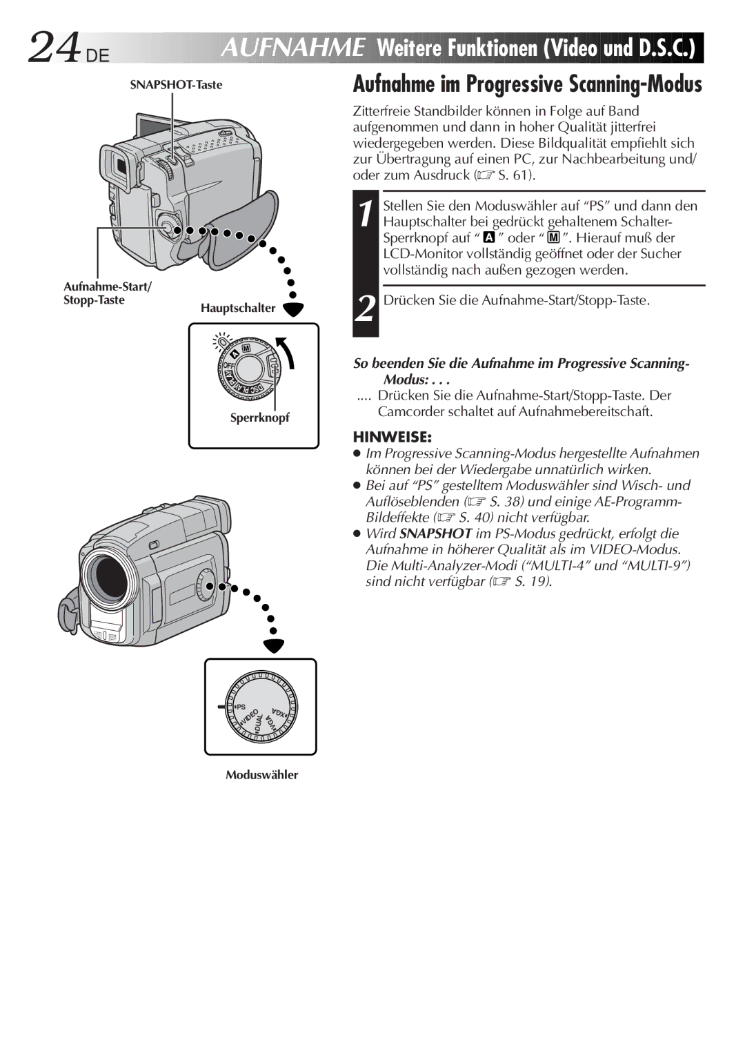 JVC GR-DVL9700 manual Weitere Funktionen Video und D.S.C, Aufnahme im Progressive Scanning-Modus 