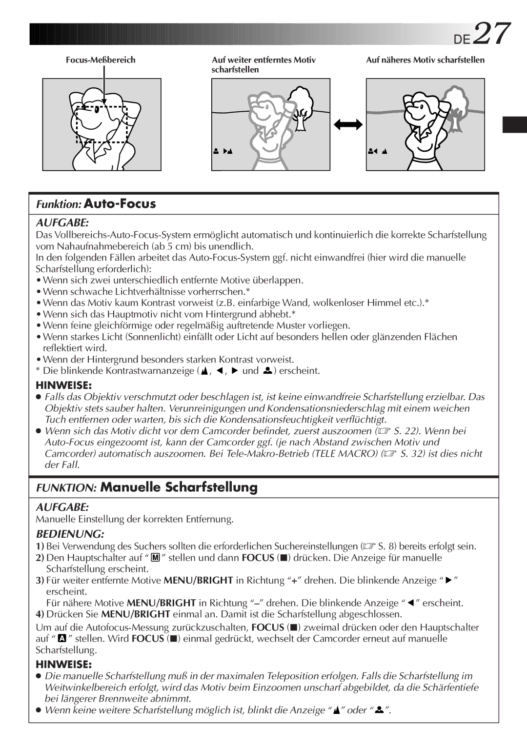 JVC GR-DVL9700 manual Funktion Manuelle Scharfstellung, Manuelle Einstellung der korrekten Entfernung 