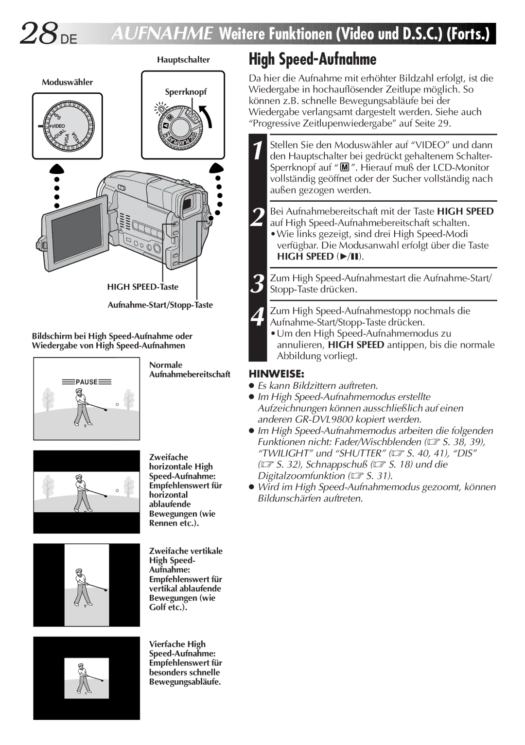 JVC GR-DVL9700 manual High SPEED-Taste Aufnahme-Start/Stopp-Taste 