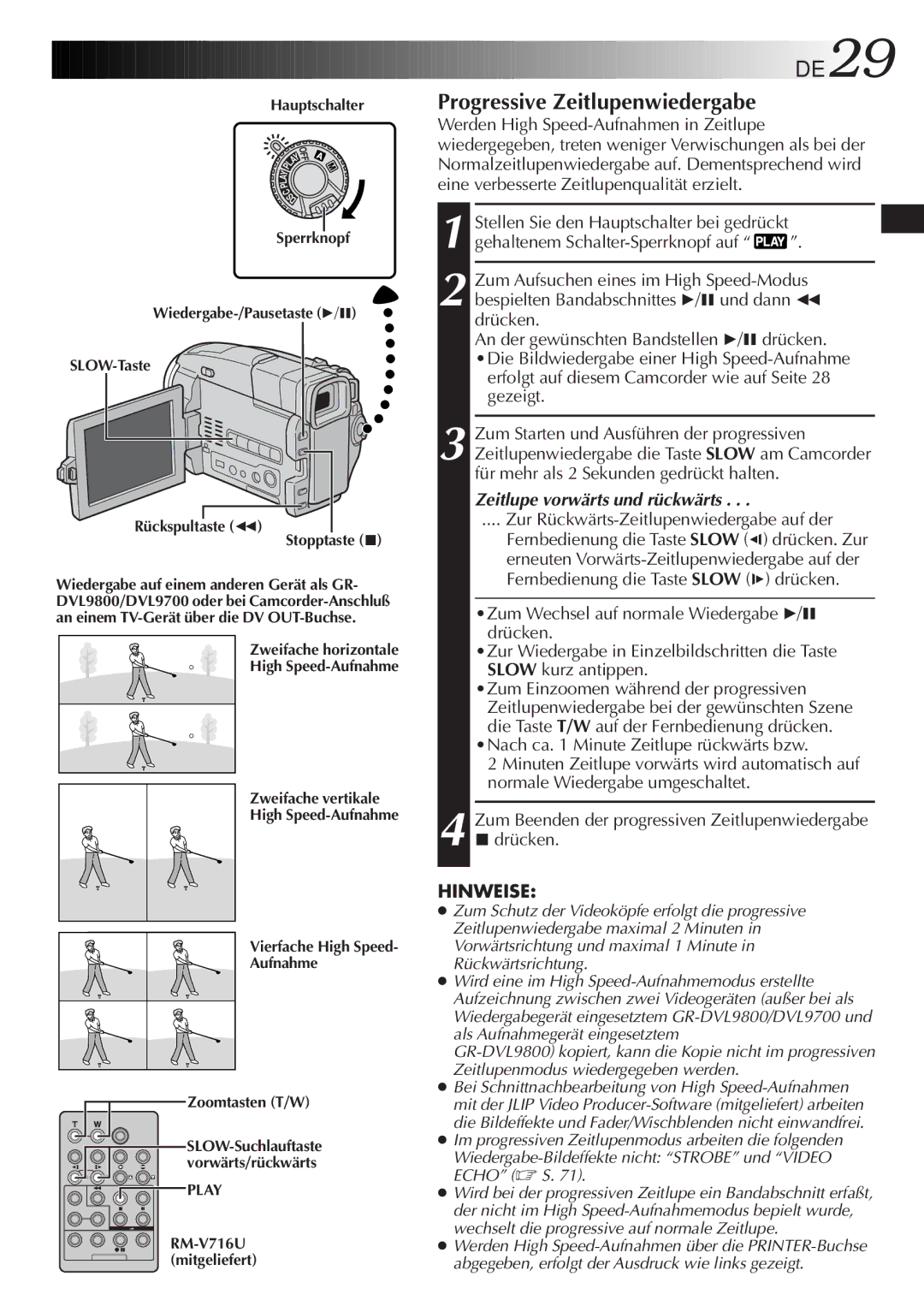 JVC GR-DVL9700 manual DE29, Progressive Zeitlupenwiedergabe, Erfolgt auf diesem Camcorder wie auf Seite 28 gezeigt 