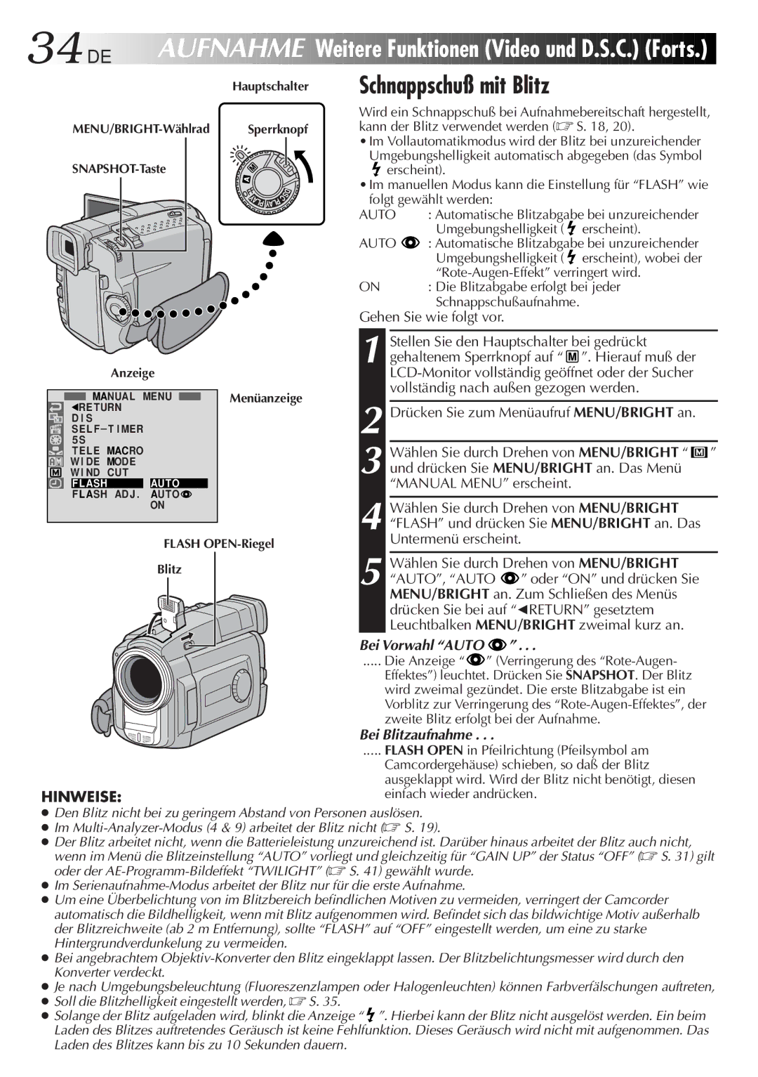 JVC GR-DVL9700 manual 34 DE, Gehen Sie wie folgt vor, Bei Vorwahl Auto, Bei Blitzaufnahme 