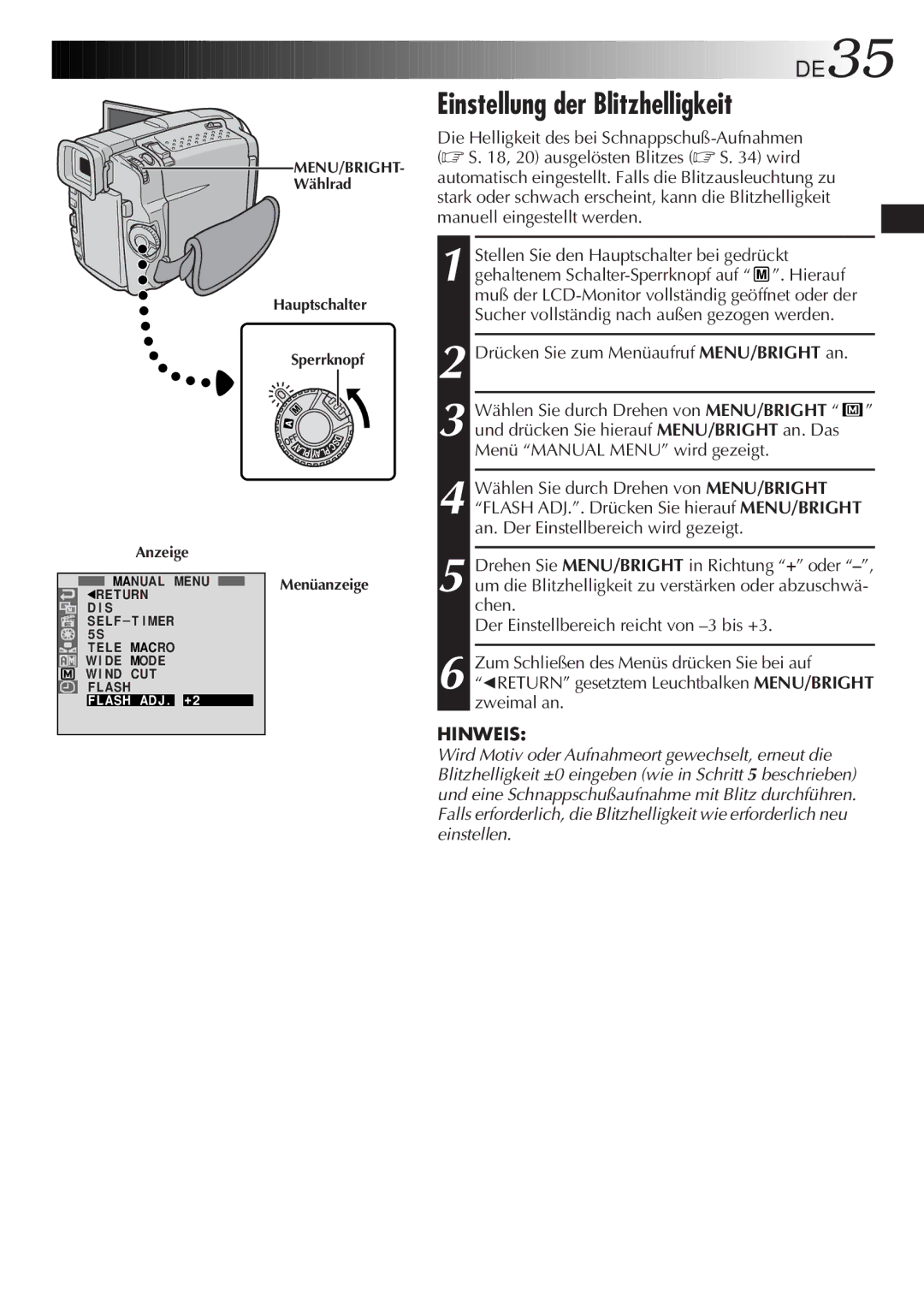 JVC GR-DVL9700 manual Einstellung der Blitzhelligkeit, DE35 