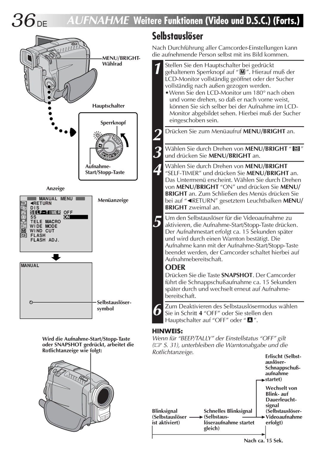 JVC GR-DVL9700 manual 36 DE, Selbstauslöser, Oder 