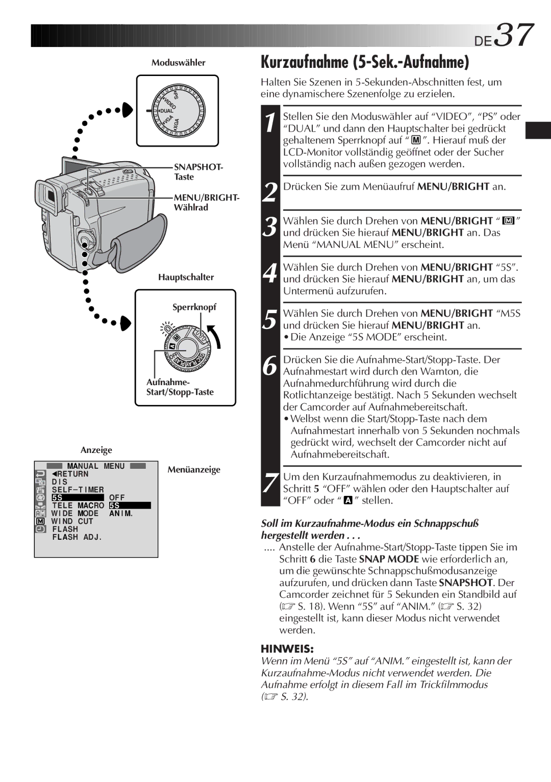 JVC GR-DVL9700 manual Kurzaufnahme 5-Sek.-Aufnahme, Aufnahme Start/Stopp-Taste 