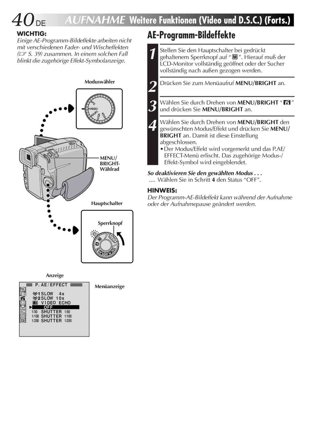 JVC GR-DVL9700 manual 40 DE, AE-Programm-Bildeffekte, So deaktivieren Sie den gewählten Modus 