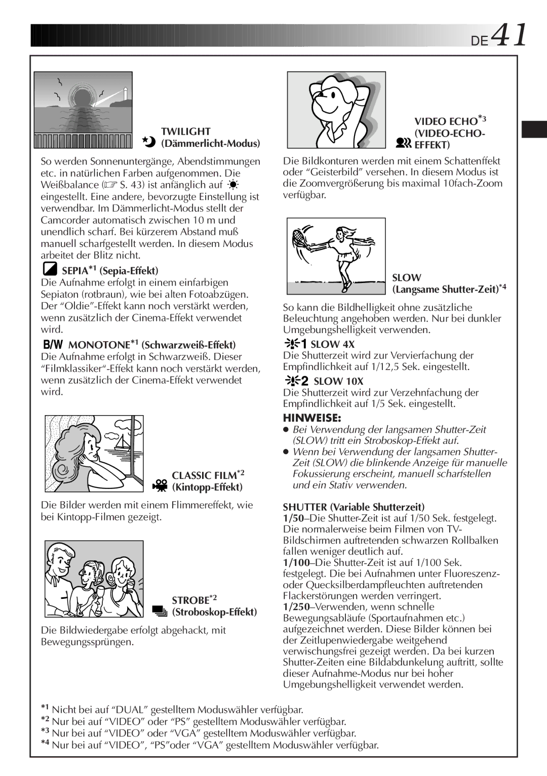 JVC GR-DVL9700 manual DE41, Classic FILM*2, Video ECHO*3 VIDEO-ECHO Effekt, Slow 