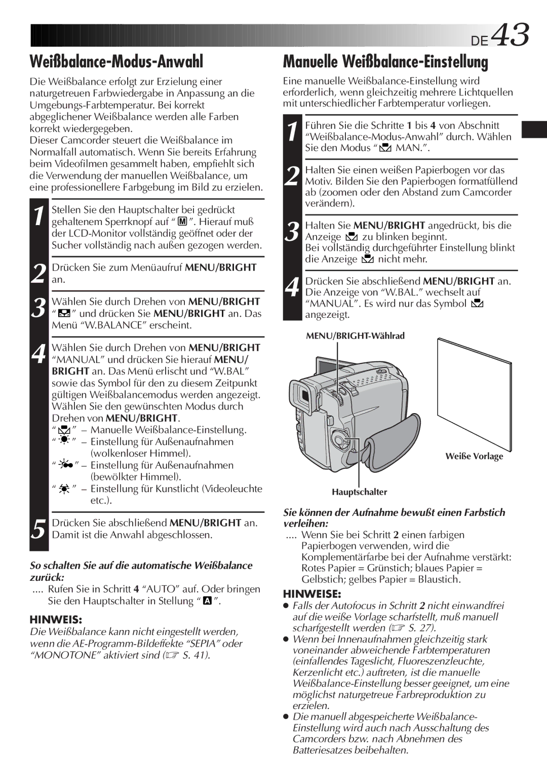 JVC GR-DVL9700 manual Weißbalance-Modus-Anwahl, Manuelle Weißbalance-Einstellung, DE43 