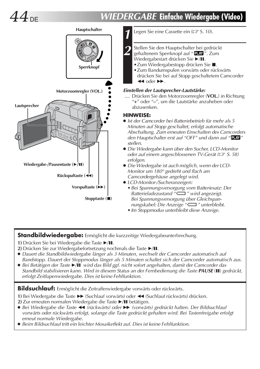 JVC GR-DVL9700 44 DE, Einfache Wiedergabe Video, Legen Sie eine Cassette ein S, Einstellen der Lautsprecher-Lautstärke 