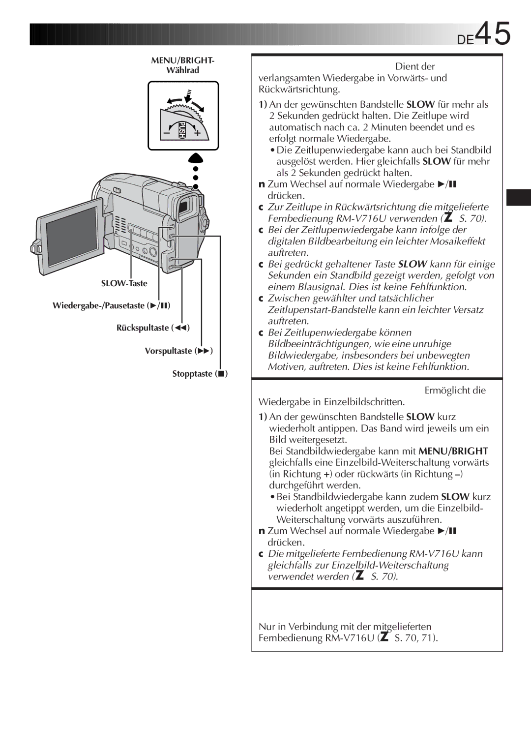 JVC GR-DVL9700 manual DE45, Einzelbild-Weiterschaltung Ermöglicht die, Wiedergabezoom und Wiedergabebildeffekte 