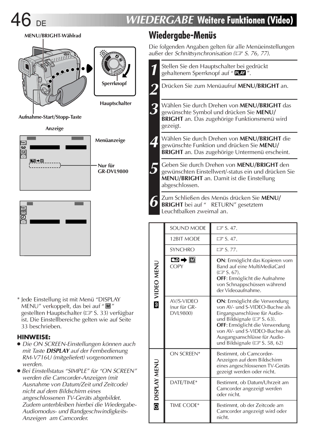 JVC GR-DVL9700 manual 46 DE, Wiedergabe Weitere Funktionen Video, Wiedergabe-Menüs 