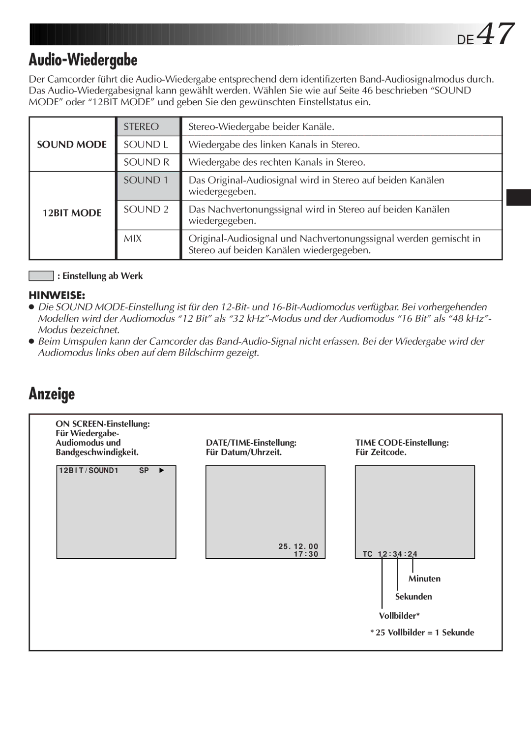 JVC GR-DVL9700 manual Audio-Wiedergabe, Anzeige, DE47, Sound Mode 