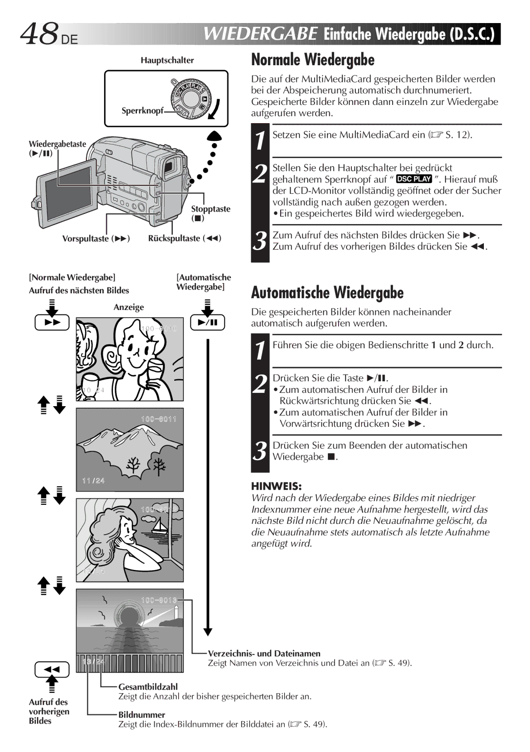 JVC GR-DVL9700 manual Einfache Wiedergabe D.S.C, Automatische Wiedergabe, Normale Wiedergabe 