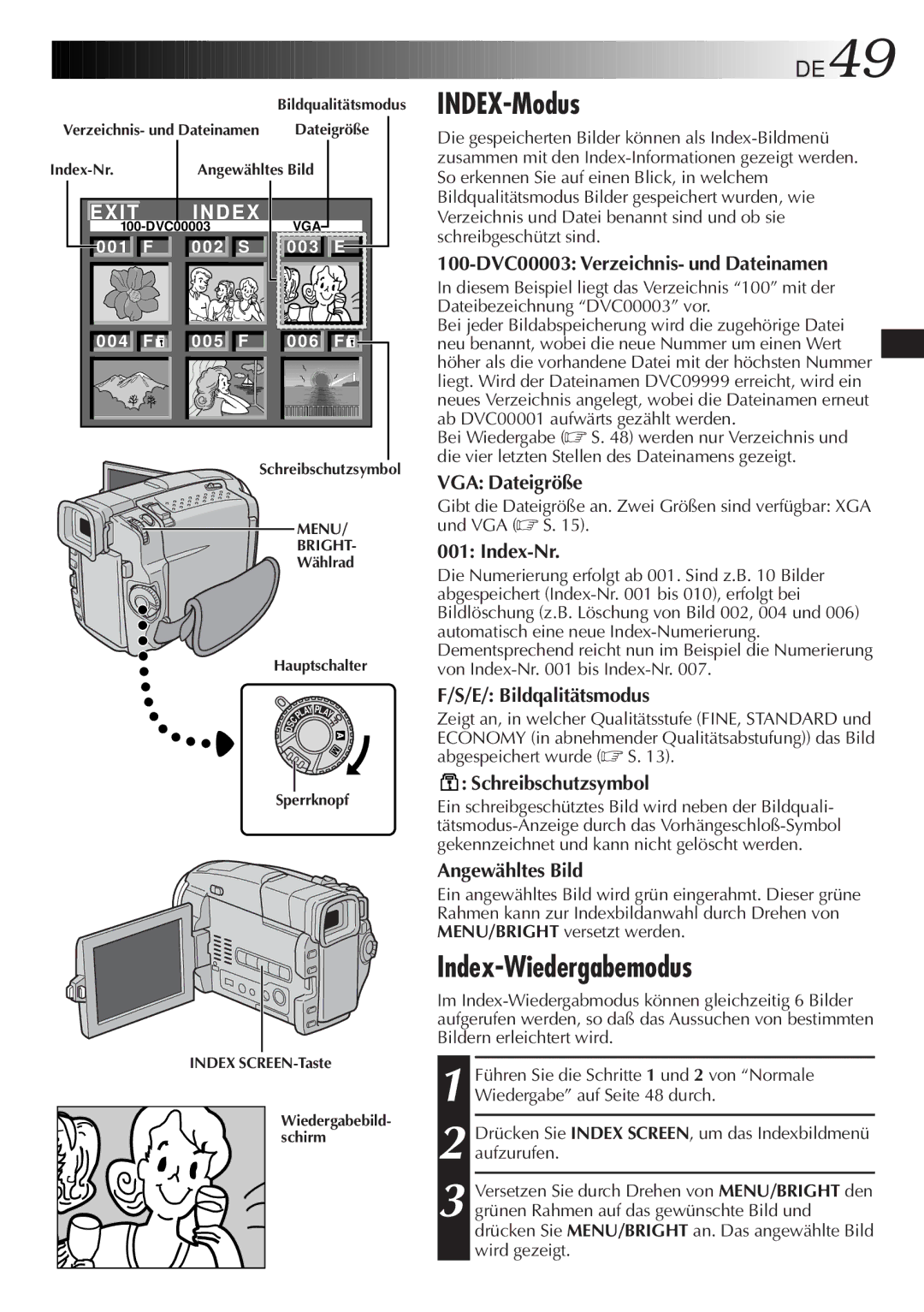 JVC GR-DVL9700 manual INDEX-Modus, Index-Wiedergabemodus, DE49 