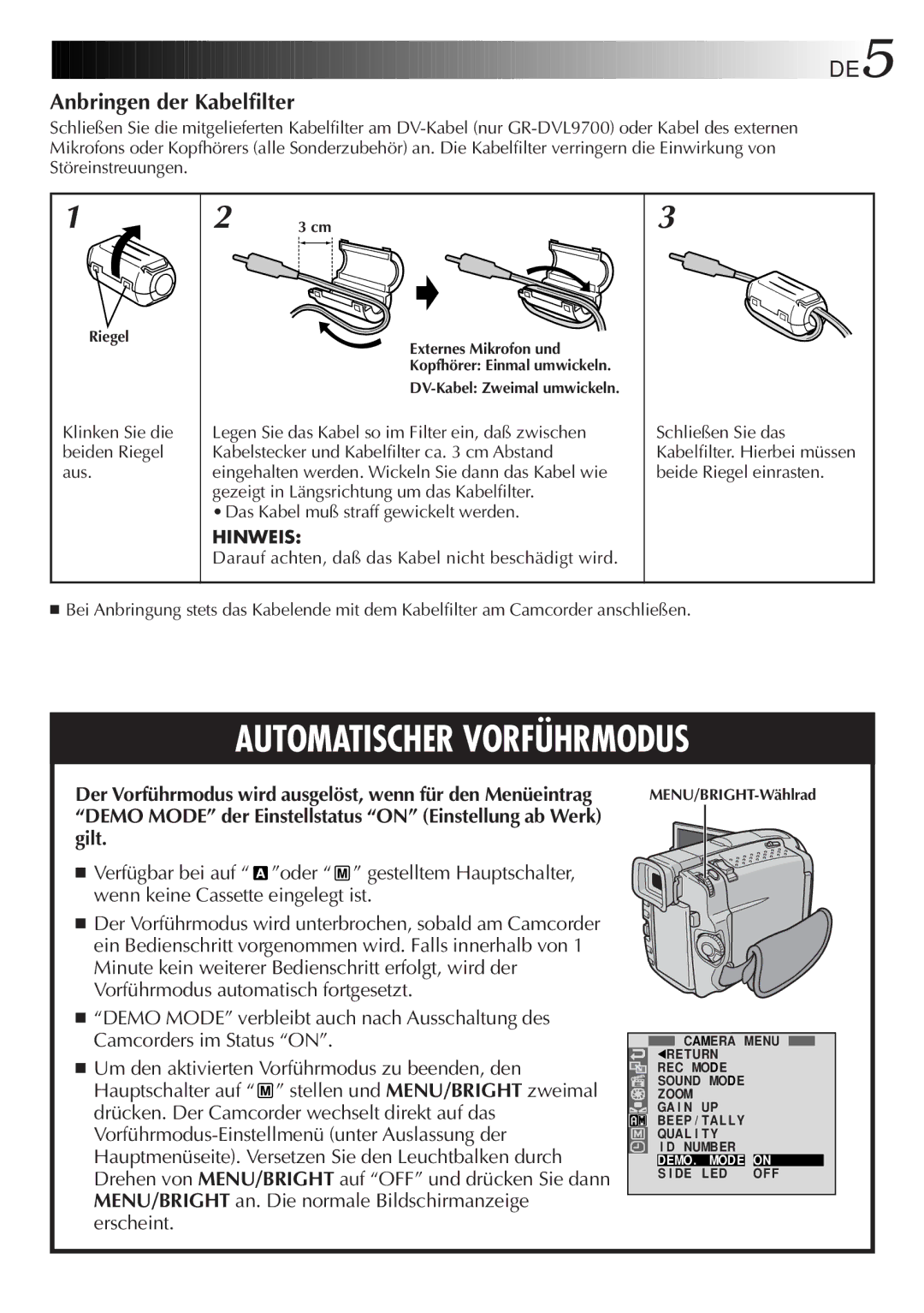 JVC GR-DVL9700 manual DE5, Anbringen der Kabelfilter, Hinweis 