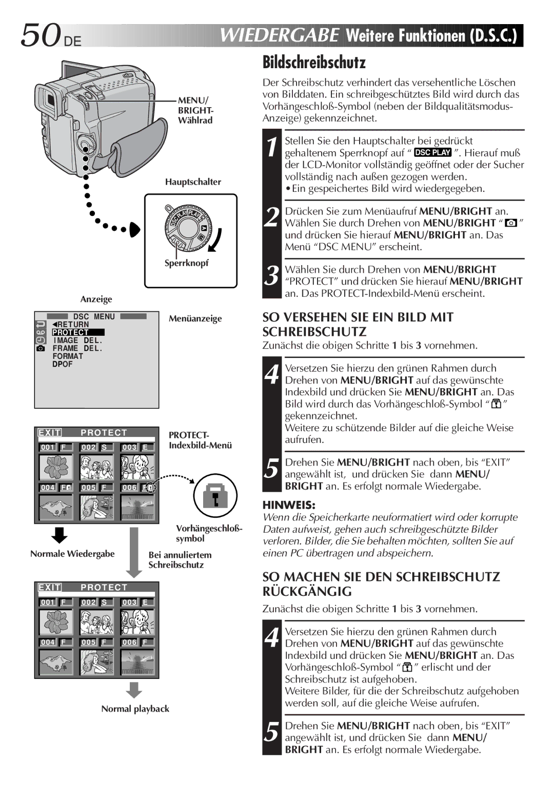 JVC GR-DVL9700 manual Weitere Funktionen D.S.C, Bildschreibschutz, SO Versehen SIE EIN Bild MIT Schreibschutz 