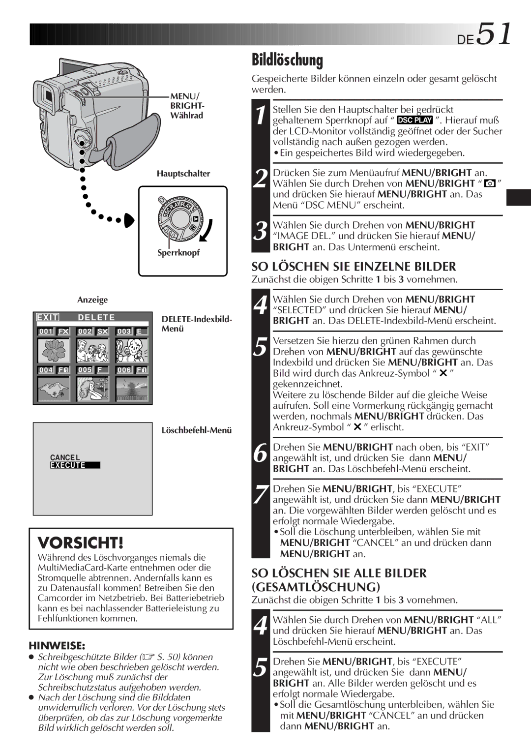JVC GR-DVL9700 manual Bildlöschung, DE51, SO Löschen SIE Einzelne Bilder, SO Löschen SIE Alle Bilder Gesamtlöschung 