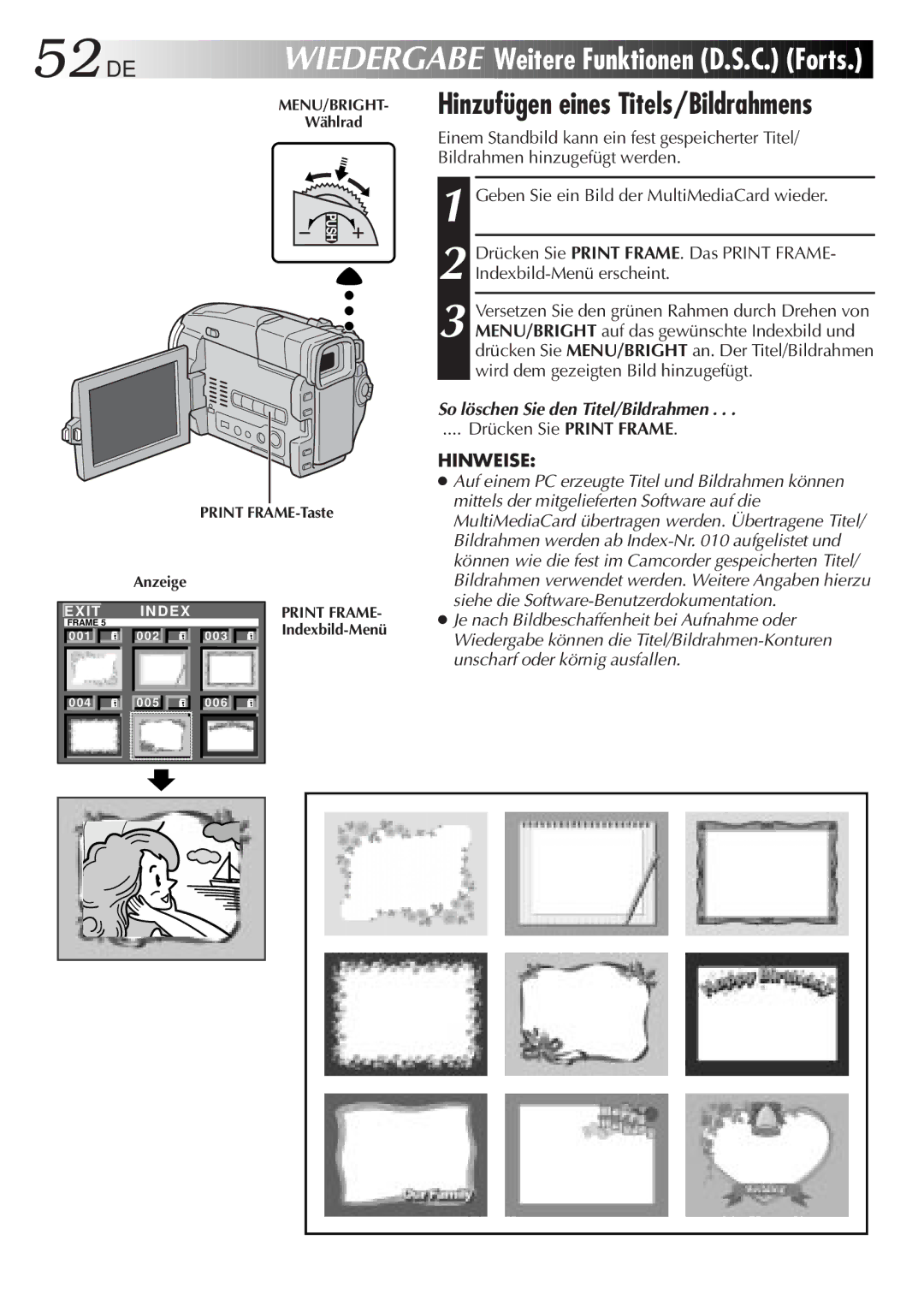 JVC GR-DVL9700 manual 52 DE, Weitere Funktionen D.S.C. Forts, Hinzufügen eines Titels/Bildrahmens, Drücken Sie Print Frame 