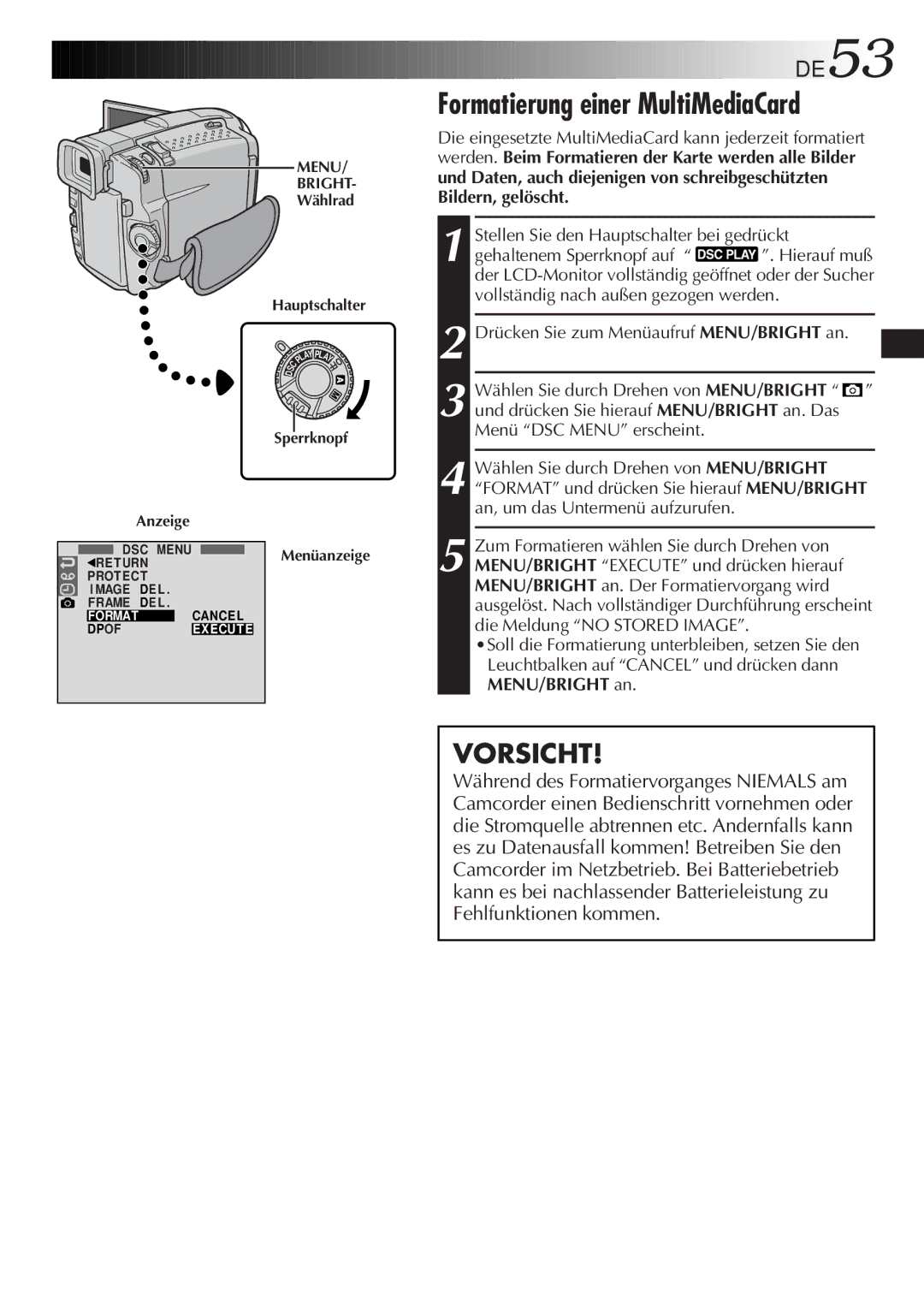 JVC GR-DVL9700 manual Formatierung einer MultiMediaCard, DE53 