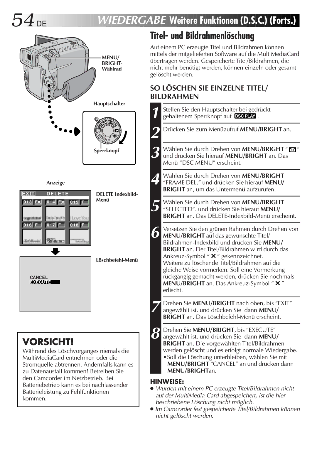 JVC GR-DVL9700 manual 54 DE, Titel- und Bildrahmenlöschung, SO Löschen SIE Einzelne TITEL/ Bildrahmen 