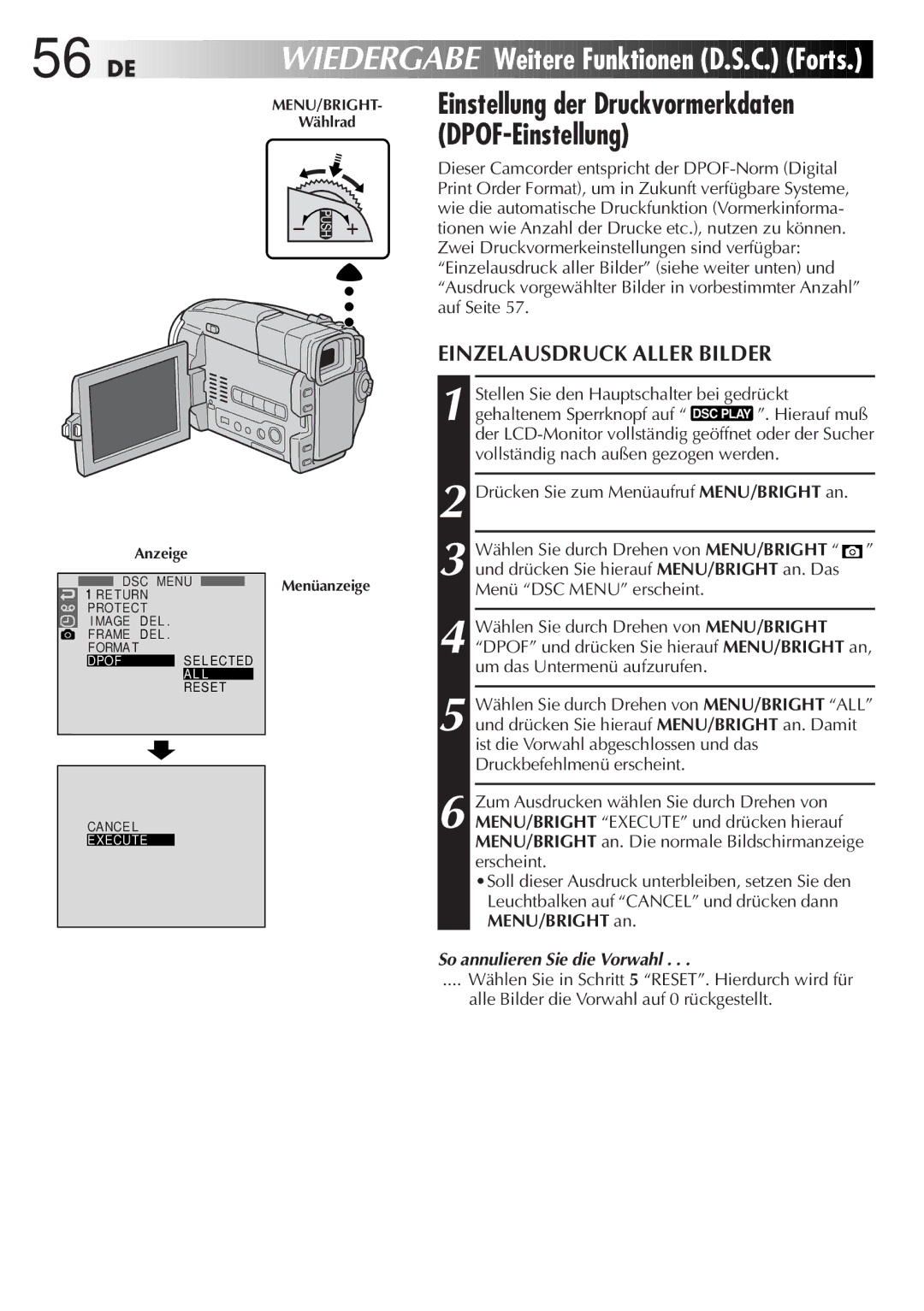 JVC GR-DVL9700 manual 56 DE, Einzelausdruck Aller Bilder, Einstellung der Druckvormerkdaten DPOF-Einstellung 