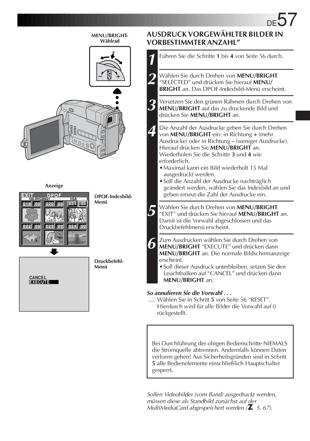 JVC GR-DVL9700 manual DE57, Ausdruck Vorgewählter Bilder in Vorbestimmter Anzahl 