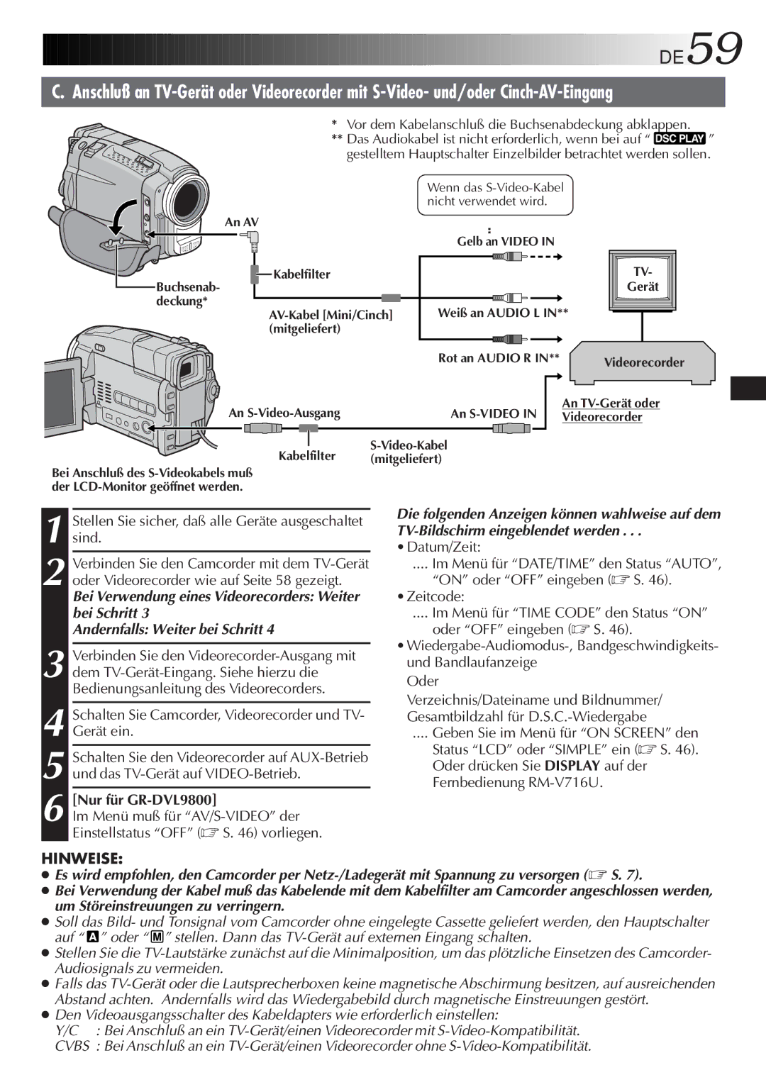 JVC GR-DVL9700 manual DE59, Stellen Sie sicher, daß alle Geräte ausgeschaltet sind, Nur für GR-DVL9800 