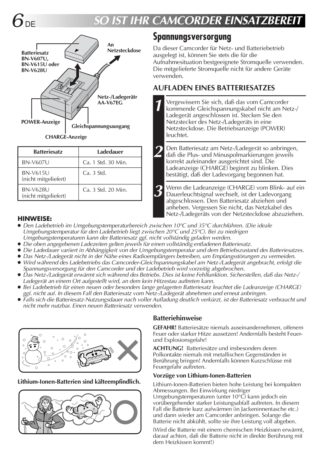 JVC GR-DVL9700 Spannungsversorgung, Aufladen Eines Batteriesatzes, Batteriehinweise, Vorzüge von Lithium-Ionen-Batterien 