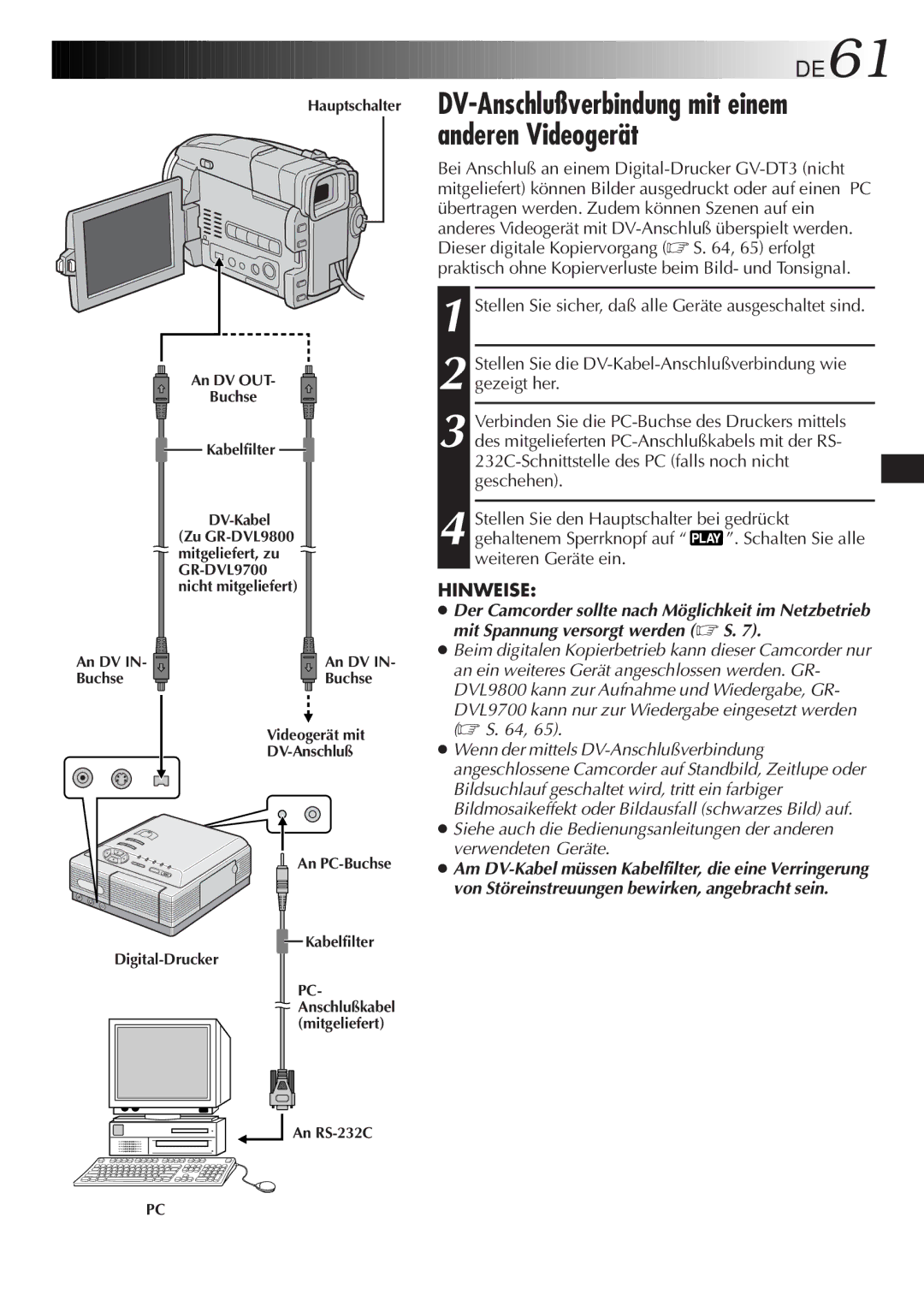 JVC GR-DVL9700 manual DV-Anschlußverbindung mit einem anderen Videogerät, DE61 