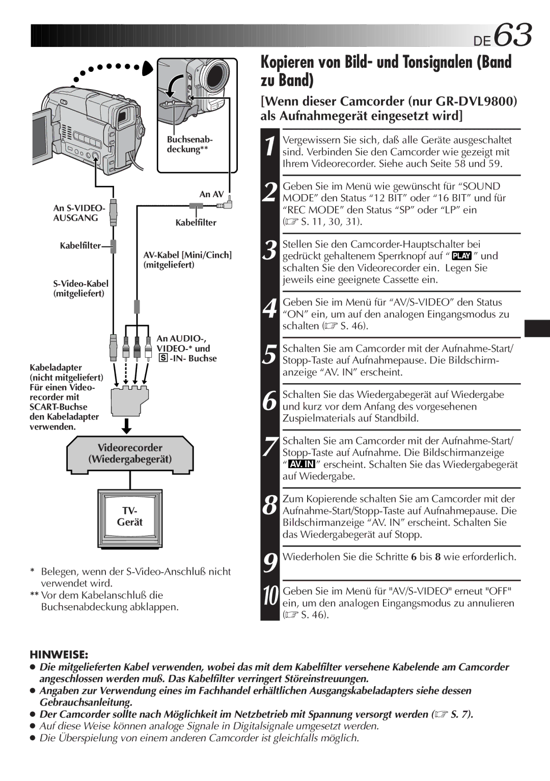 JVC GR-DVL9700 manual Kopieren von Bild- und Tonsignalen Band zu Band, DE63, Videorecorder Wiedergabegerät 