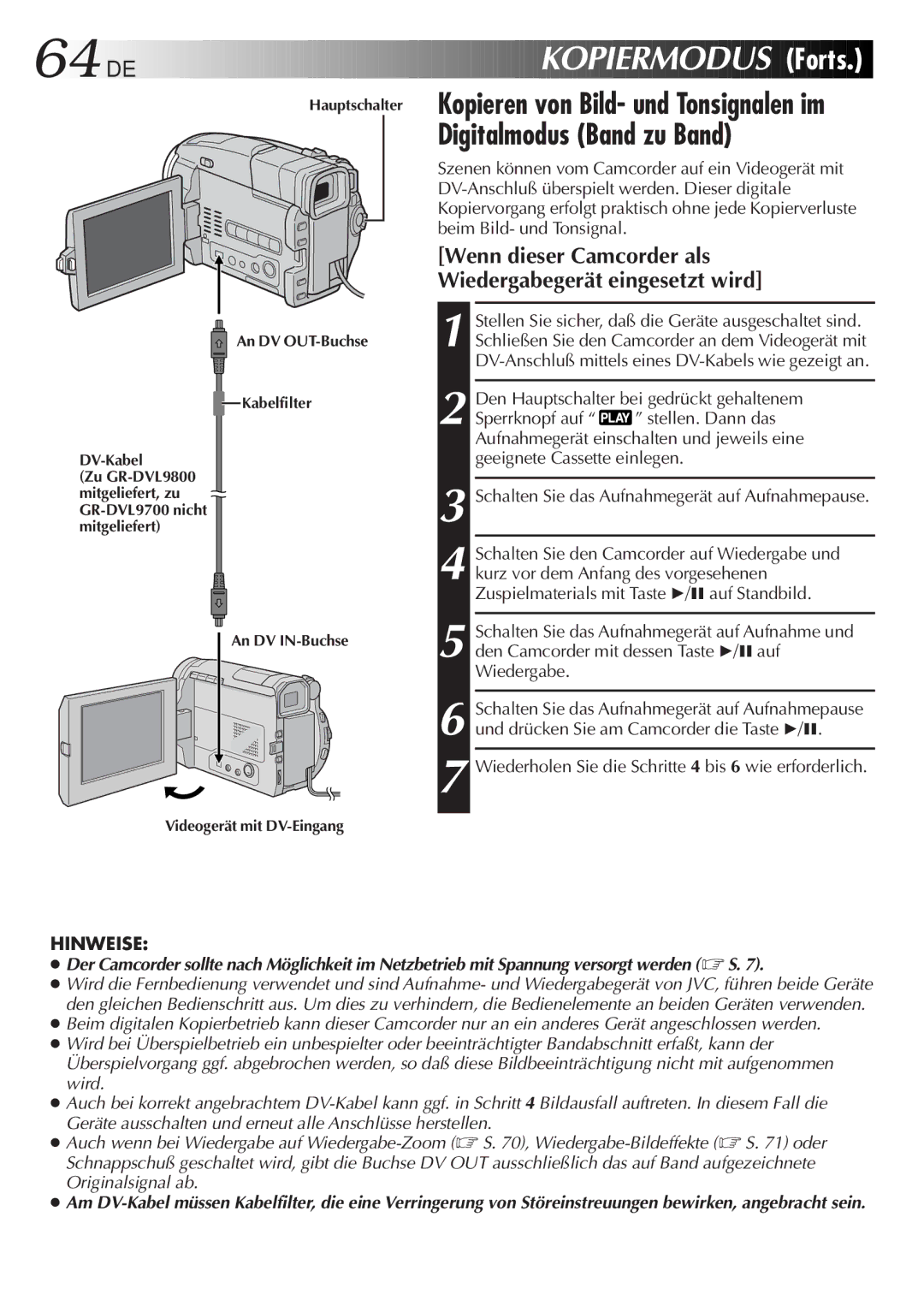JVC GR-DVL9700 manual 64 DE, Wiederholen Sie die Schritte 4 bis 6 wie erforderlich 
