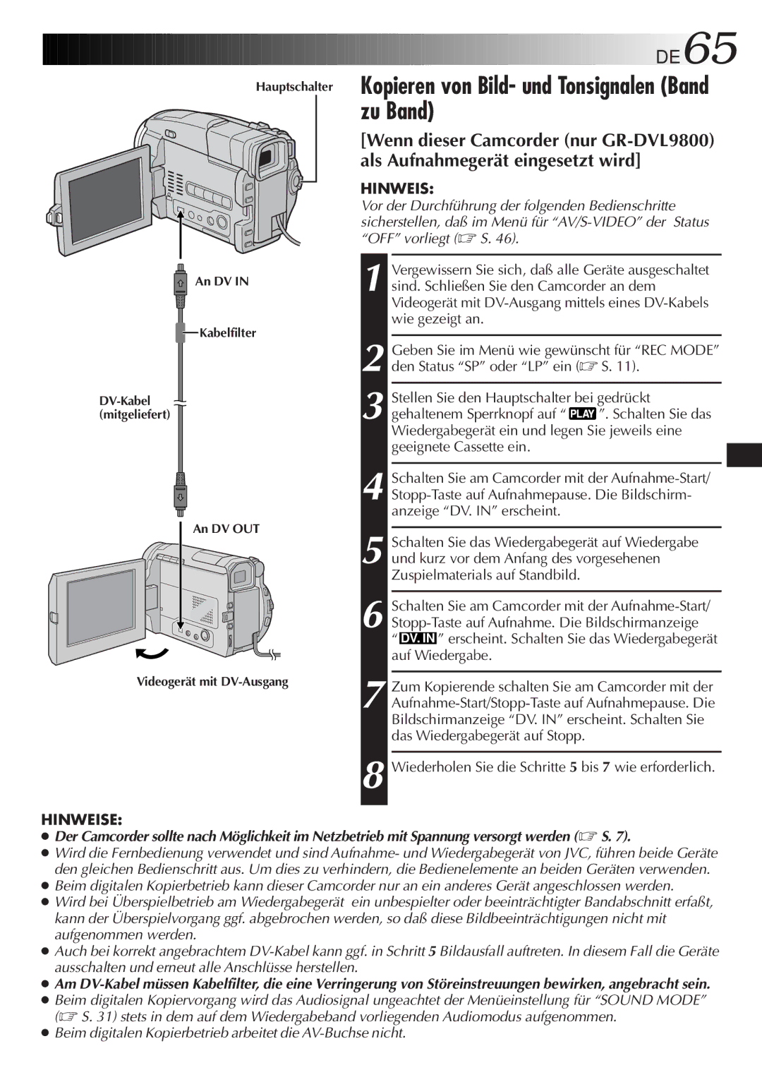 JVC GR-DVL9700 manual DE65, Wiederholen Sie die Schritte 5 bis 7 wie erforderlich 