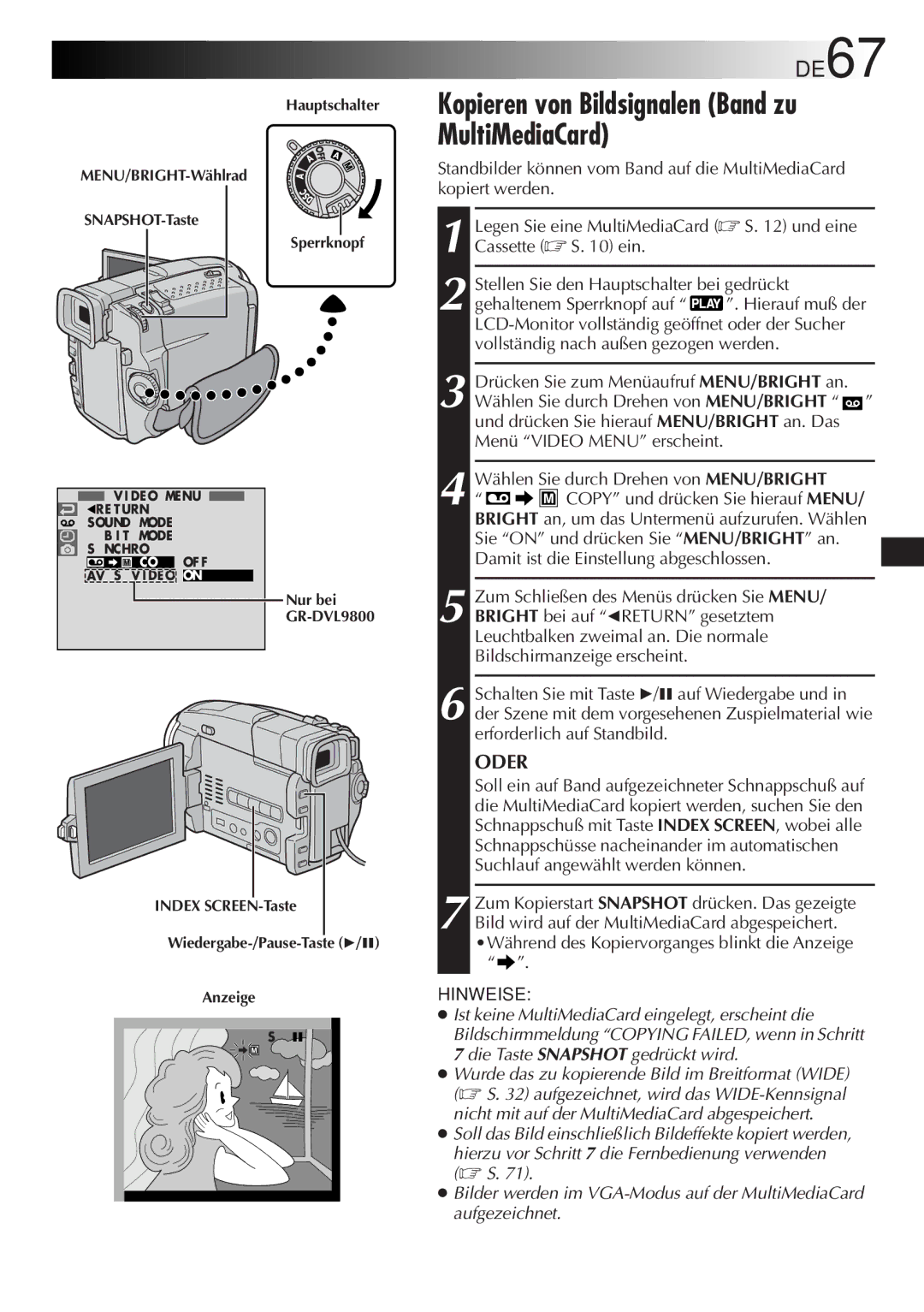 JVC GR-DVL9700 manual Kopieren von Bildsignalen Band zu MultiMediaCard, DEEN67 