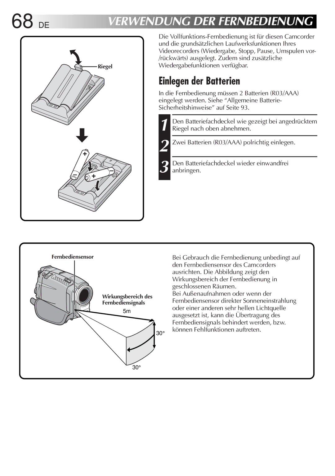 JVC GR-DVL9700 manual 68 DE, Einlegen der Batterien, Können Fehlfunktionen auftreten 