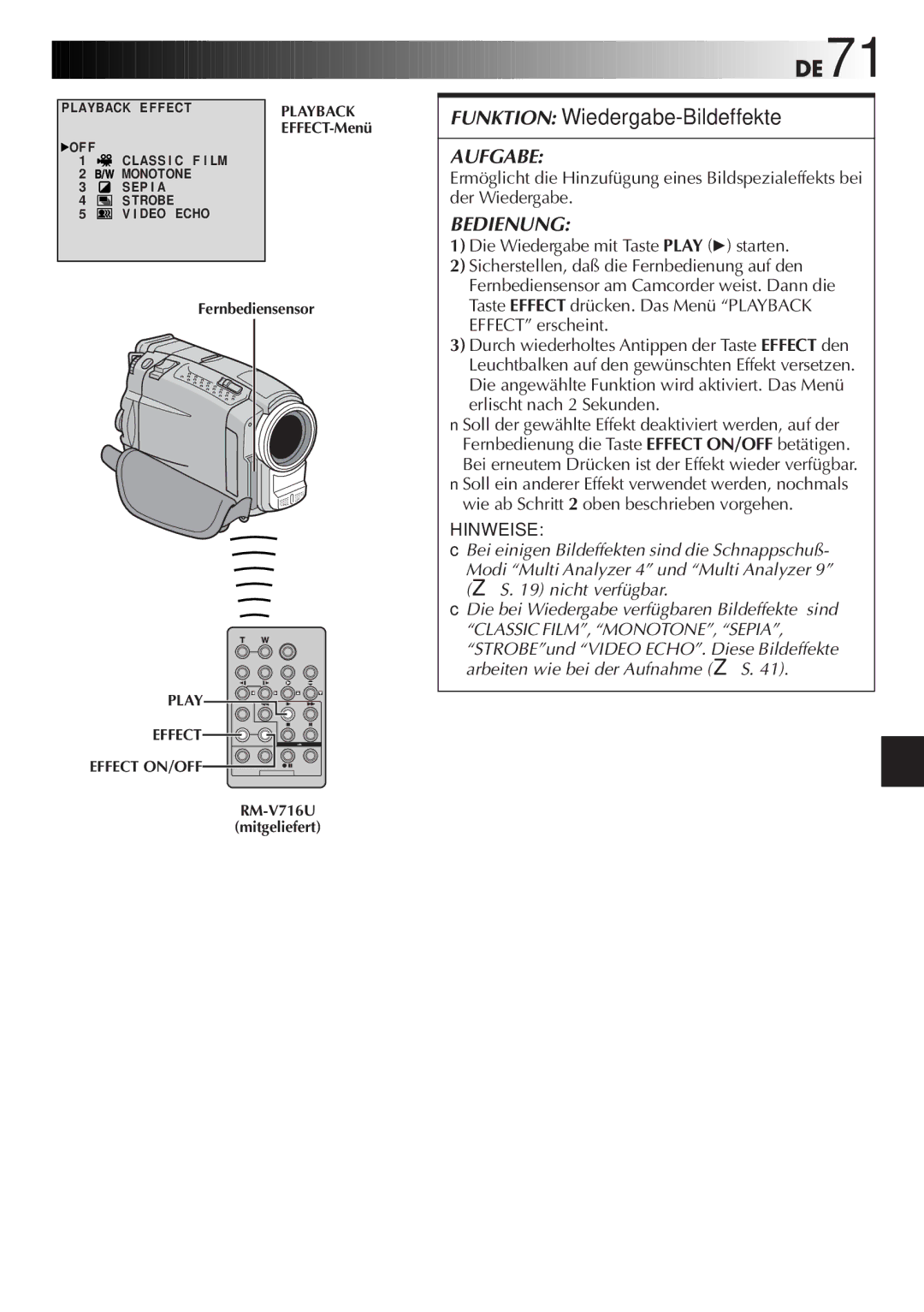 JVC GR-DVL9700 manual DE71, Funktion Wiedergabe-Bildeffekte 