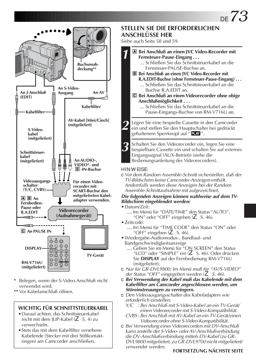 JVC GR-DVL9700 manual DE73, Stellen SIE DIE Erforderlichen Anschlüsse HER, Videorecorder, Wichtig FÜR Schnittsteuerkabel 