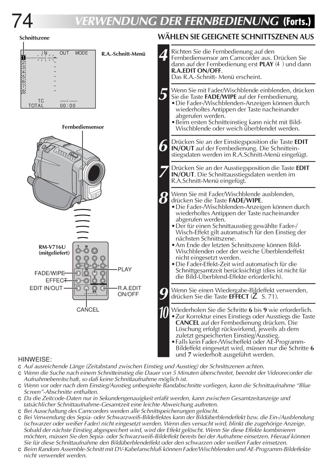 JVC GR-DVL9700 manual 74 DE, Verwendung DER Fernbedienung 