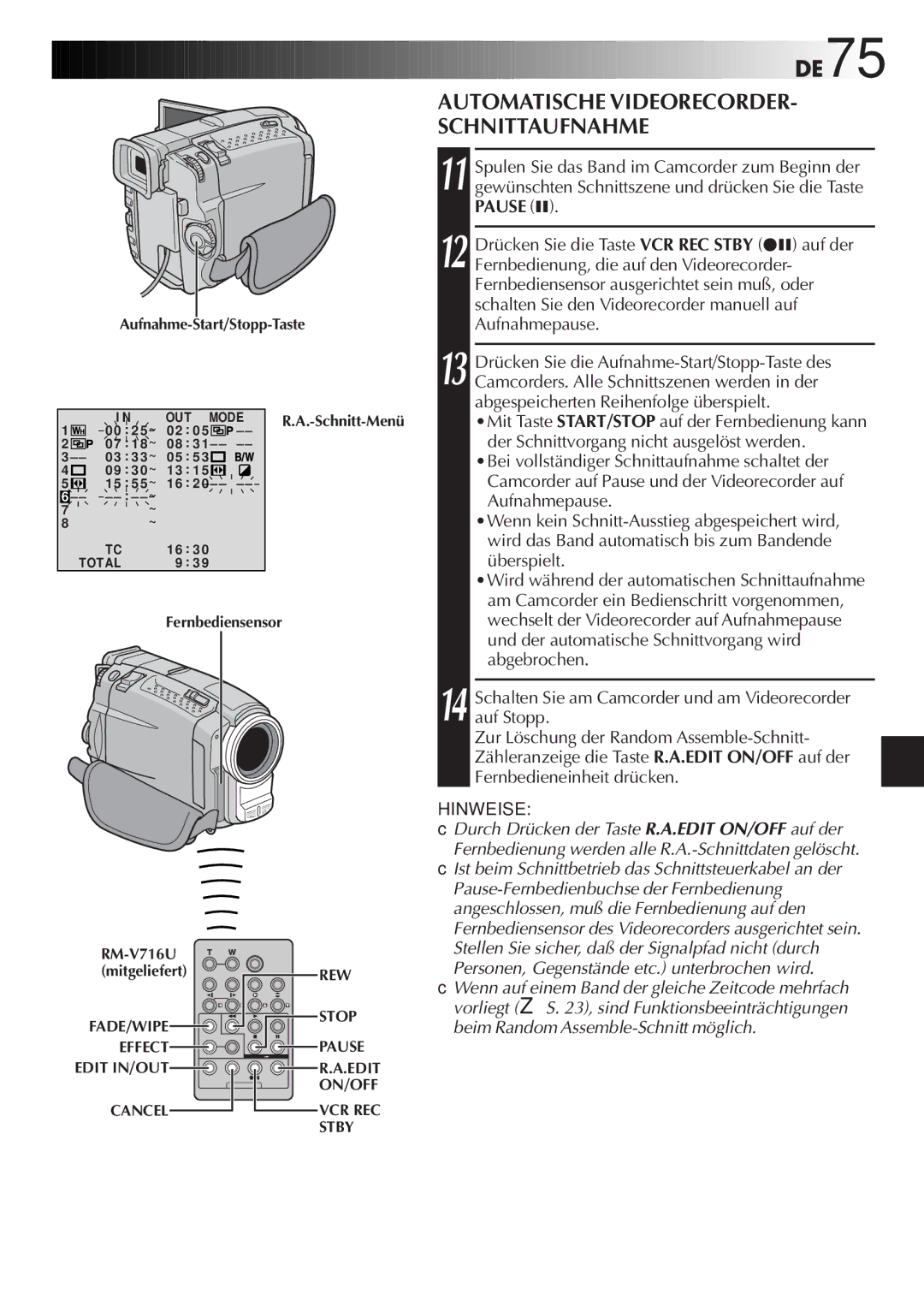 JVC GR-DVL9700 manual DE75, Automatische Videorecorder Schnittaufnahme 