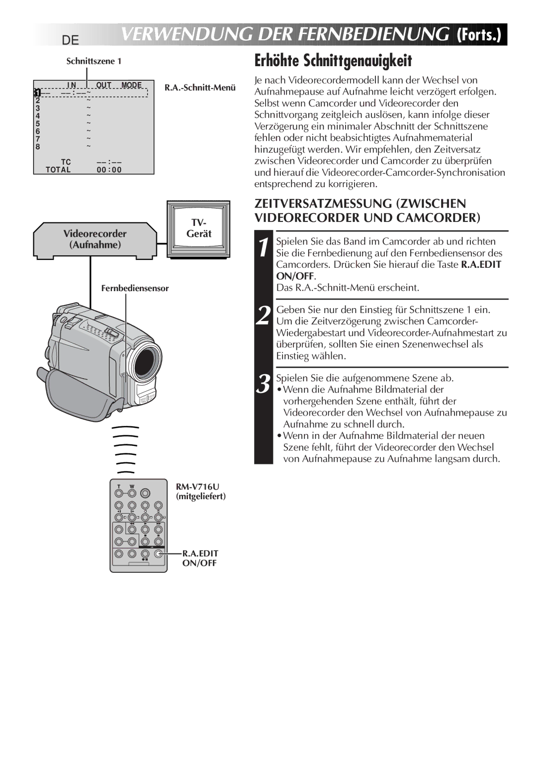 JVC GR-DVL9700 manual 76 DE, Erhöhte Schnittgenauigkeit, Zeitversatzmessung Zwischen Videorecorder UND Camcorder 