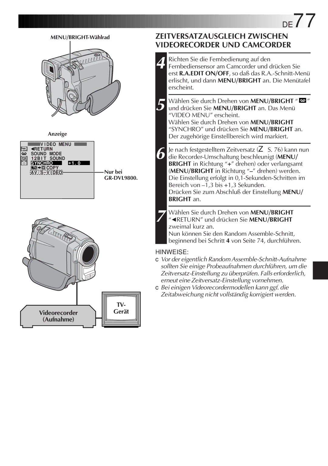 JVC GR-DVL9700 manual DE77, Zeitversatzausgleich Zwischen Videorecorder UND Camcorder 