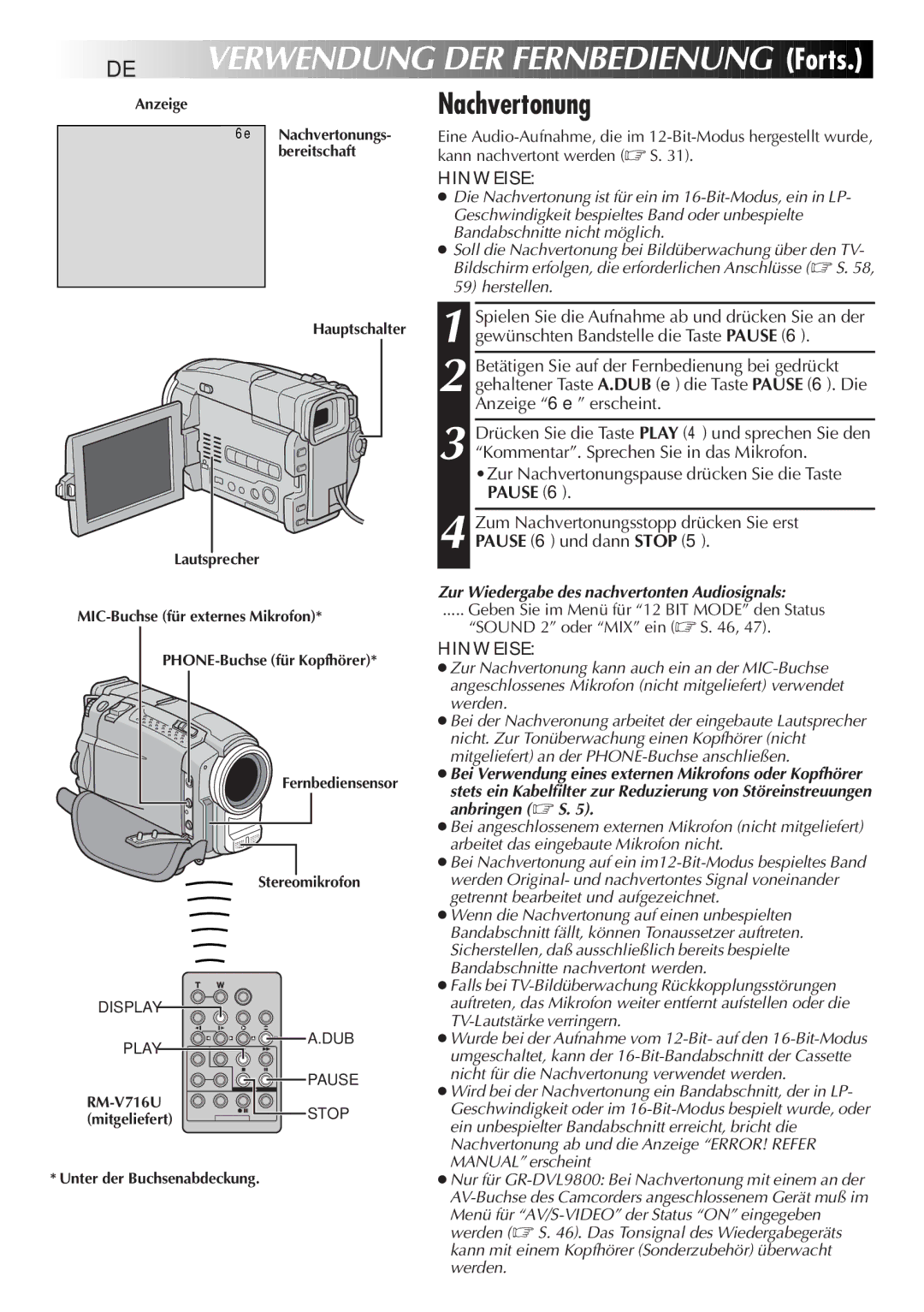 JVC GR-DVL9700 manual 78 DE, Nachvertonung 