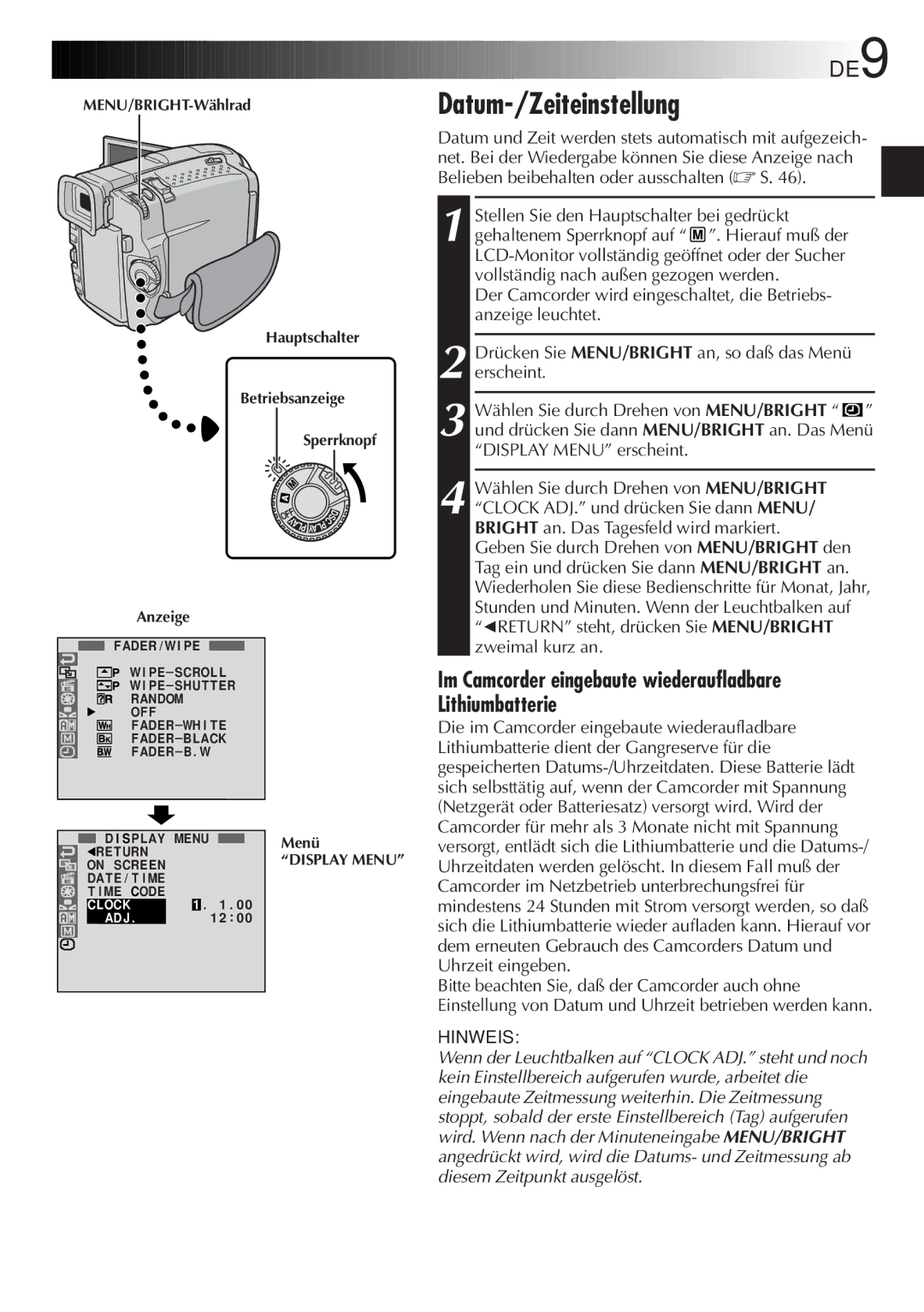 JVC GR-DVL9700 manual Datum-/Zeiteinstellung, DE9, Im Camcorder eingebaute wiederaufladbare Lithiumbatterie 