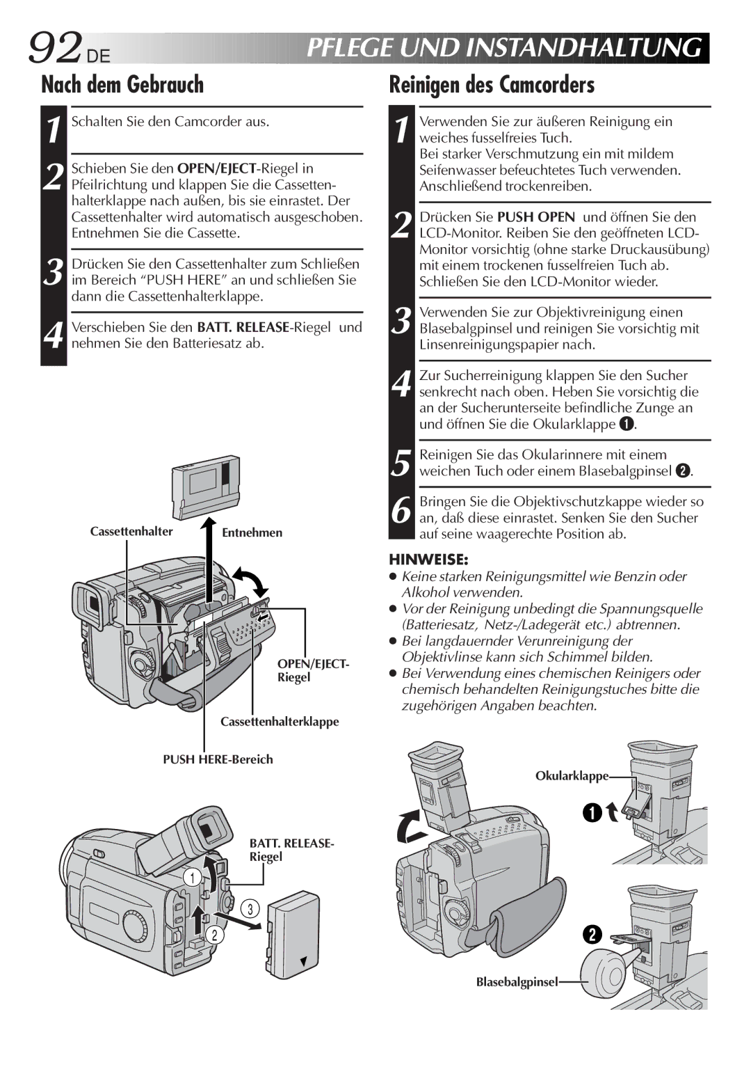 JVC GR-DVL9700 manual 92 DE, Nach dem Gebrauch, Reinigen des Camcorders 